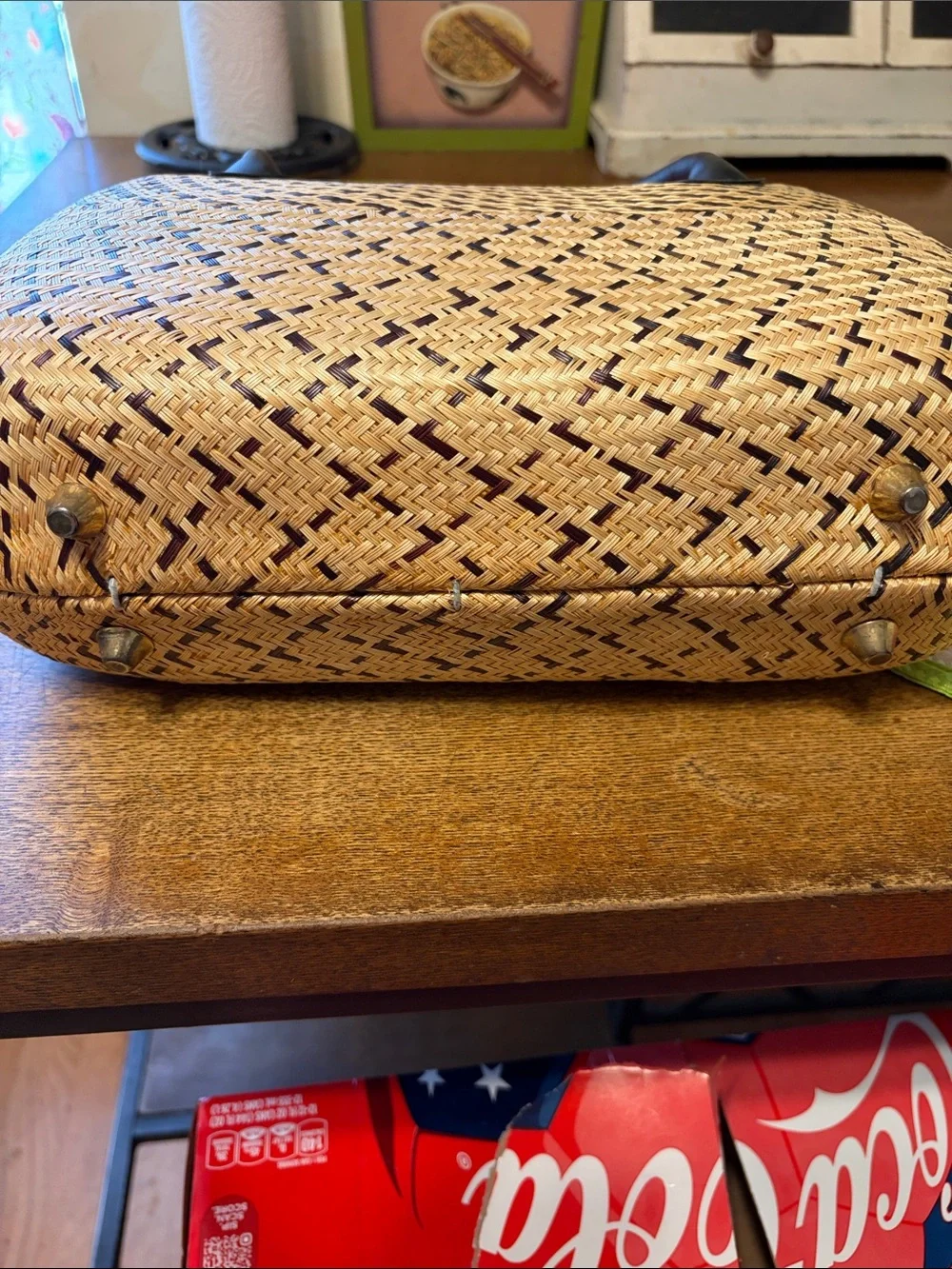 Woven Straw Satchel with Black Trim and Handles